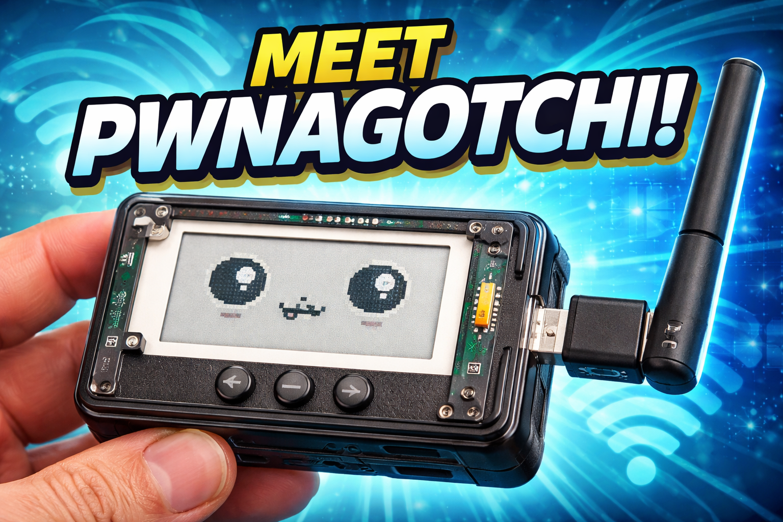 Pwnagotchi with pixel face displayed on an e-ink screen against a technology-themed background.