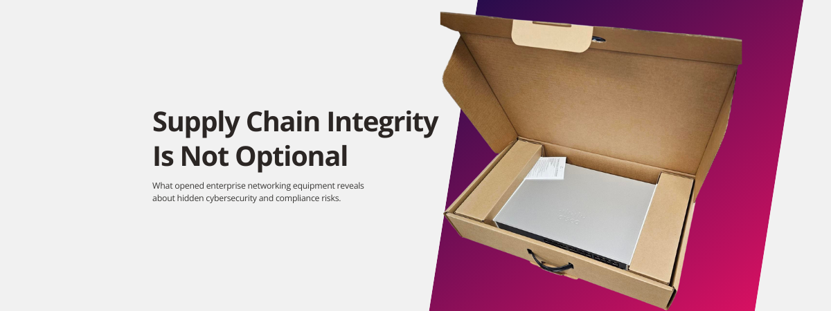 Opened enterprise network switch packaging with headline about supply chain integrity, illustrating cybersecurity and compliance risks.