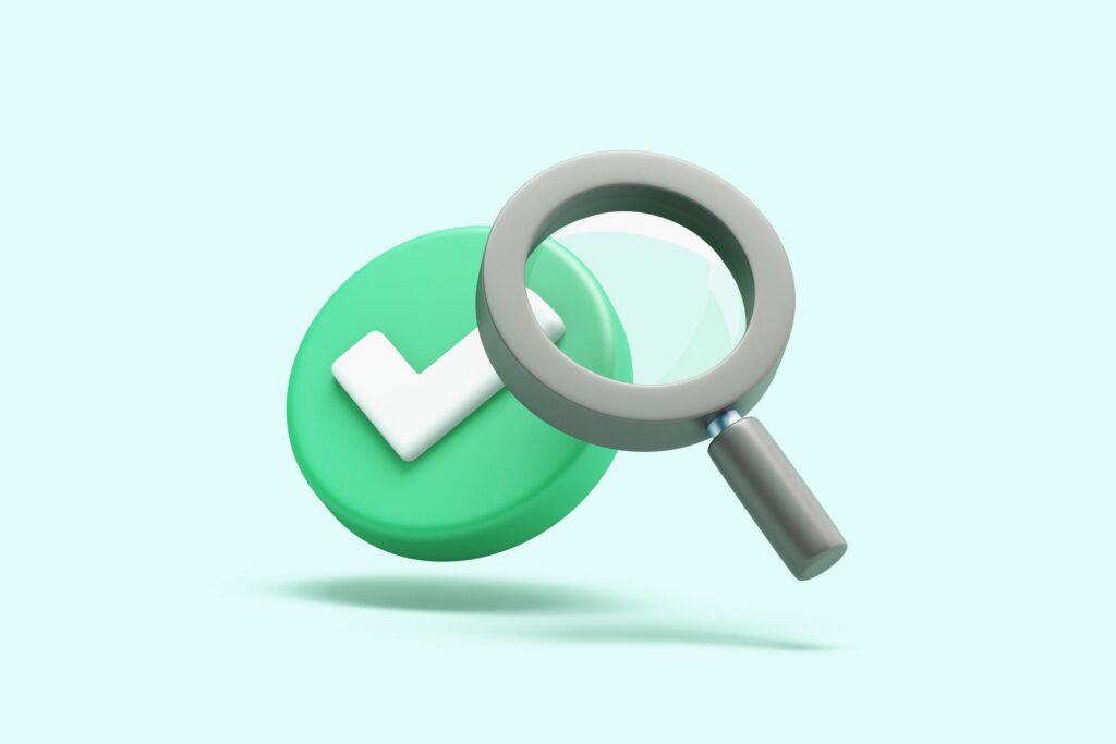 Simple illustration showing a checkmark and a magnifying glass, representing the difference between assuming security and verifying it.