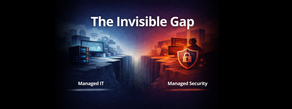 Illustration showing a visual gap between managed IT and managed security, with IT infrastructure on the left and cybersecurity defense on the right, representing unaddressed security risk.