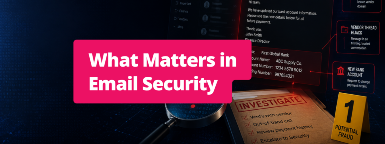 Featured image for an email security blog showing a suspicious wire transfer email investigation with the title “What Matters in Email Security.”