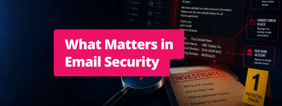 Featured image for an email security blog showing a suspicious wire transfer email investigation with the title “What Matters in Email Security.”