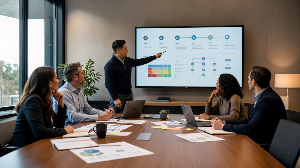 IT and security leaders collaborate during a tabletop exercise, reviewing an incident response plan and risk matrix in a modern conference room.